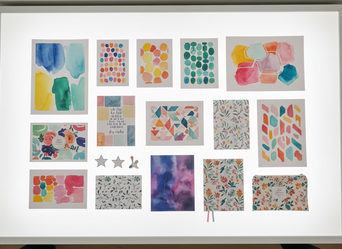 Assortment of colorful art prints and printed products
